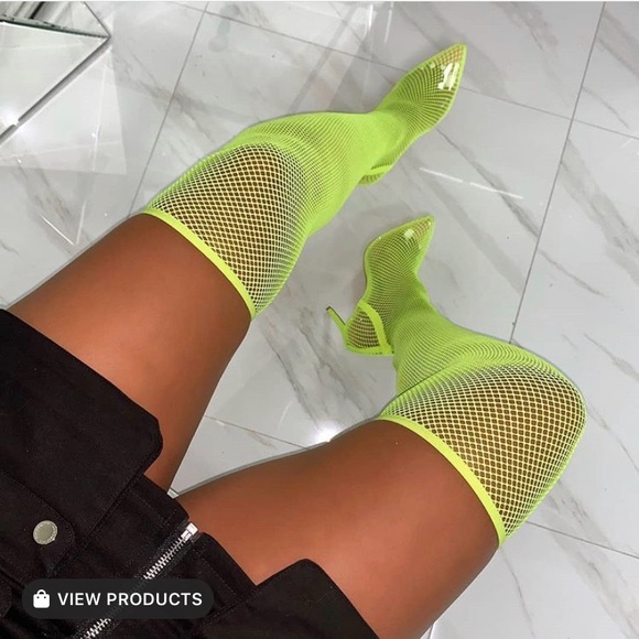 Neon green fishnet thigh high heels - Picture 1 of 2